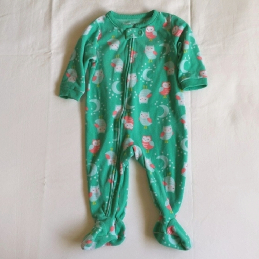 carter's green owl fleece zipper footie sleeper pajamas 6 months baby girl